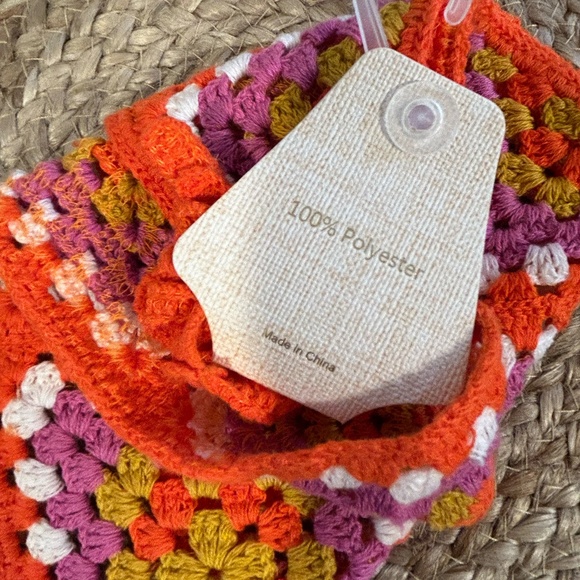 Pink Linen | Multicolor Square Pattern Orange Crochet Bandana - Picture 4 of 6